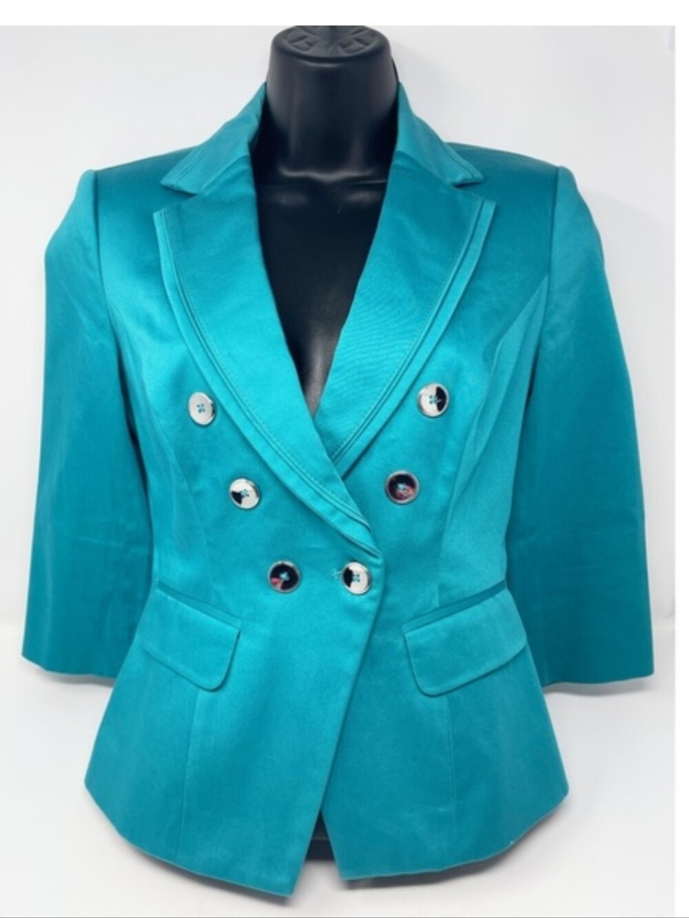 White House Black Market Teal Double-Breasted 3/4 Sleeve Blazer